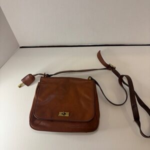 FOSSIL Brown Leather Flap Turn Key Lock  X-Body Shoulder Bag Handbag Purse Vtg